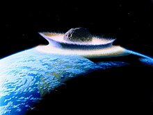 NASA's artistic depiction of a cataclysmic meteor impact: a rock hitting the planet Earth from the top of the image, creating a splash-like wave in the atmosphere.