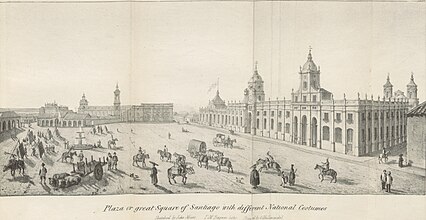 [Colonial] Plaza o great Square of Santiago with different local costumes, in 1826, by John Miers. British Library.[14][15]