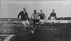 Plymouth Argyle v. Argentina national team (first match): Welsh back Moses Russell (left) fights to cut off centre-forward Gabino Sosa Plymouth argyle v argentina 1924.jpg