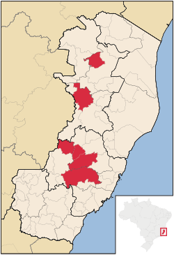 Municipalities in which the East Pomeranian dialect has co-official status in Espirito Santo, Brazil. Pomeranoespiritosanto.svg