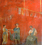 Tintoreros colocando la ropa para secar. Frescos romanos de la fullonica (tienda de tintorero) de Veranio Hypsaeus, en Pompeya. Museo Arqueológico Nacional (Nápoles).