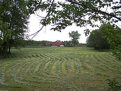 Blick auf das Dorf Powiadacze