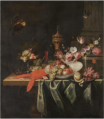 Still life with grapes and apples in a porcelain bowl Pseudio-Simons - Still life with grapes and apples in a porcelain bowl, cherries and a partly peeled lemon on a pewter plate.jpg