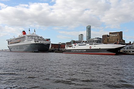 Queen Mary 2 with Isle of Man Steam Packet Manannan at Liverpool Cruise Terminal