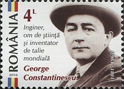 Romanian stamp showing the Romanian-born engineer George Constantinescu RO034-16.jpg