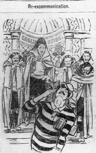 Re-excommunication: cartoon by J. M. Staniforth. The RFU is represented as a religious cabal, expelling Arthur "Monkey" Gould from their "church" over the "Gould Affair". Gould, in his Newport jersey, appears unconcerned