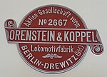 Replica manufacturer's plate of O&K Ndeg 2667 of 1907, B1 2nt, 40 hp, 700 mm, Djatirota Zuckerfabrik, Jawa.jpg
