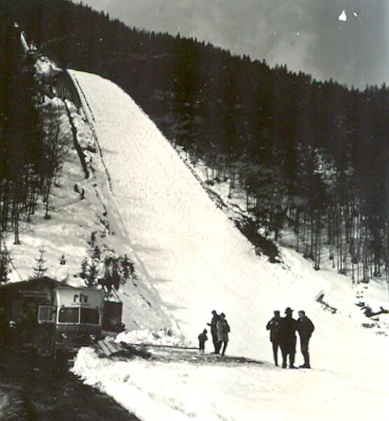 The first ever ski flying events were held at Bloudkova velikanka in Planica, Kingdom of Yugoslavia (pictured in 1963)