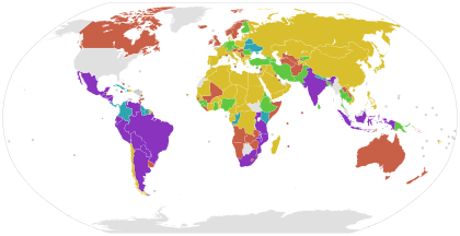 Right to food around the world (as of 2011-2012):

.mw-parser-output .legend{page-break-inside:avoid;break-inside:avoid-column}.mw-parser-output .legend-color{display:inline-block;min-width:1.25em;height:1.25em;line-height:1.25;margin:1px 0;text-align:center;border:1px solid black;background-color:transparent;color:black}.mw-parser-output .legend-text{}
Adopted or drafting a framework law (19)
Constitutional, explicit as a right (23)
Constitutional, implicit in broader rights or as directive principle (41)
Direct applicability via international treaties (103)
Committed by ratifying the International Covenant on Economic, Social and Cultural Rights (160)
No known right to food
Note: The same country can fall in multiple categories; the colour given to a country corresponds to the highest listed category in which a country falls. Right to Food World Map.svg