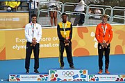 Deutsch: Badminton bei den Olympischen Jugendspielen 2018; Tag 2, 8. Oktober 2018; Siegerehrung Jungen English: Roller speed skating at the 2018 Summer Youth Olympics; day 2, 8 October 2018 – Boys Victory Ceremony