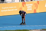 Deutsch: Badminton bei den Olympischen Jugendspielen 2018; Tag 2, 8. Oktober 2018; Halfinale Jungen Lauf 1 English: Roller speed skating at the 2018 Summer Youth Olympics; day 2, 8 October 2018 – Girls Semifinals run 1