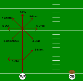 A route tree for a receiver on the left side of the offense Route Tree.svg