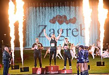 Crouser on the podium after winning the Zagreb Diamond League meeting in 2018 Ryan Crouser T.Walsh D.Storl Zagreb meeting 2018.jpg