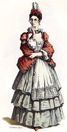 Colombine illustrée en costume du XVIIe siècle par Maurice Sand en 1860.