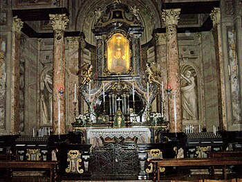 The eighteenth-century rococo altar of the upper sanctuary with the miraculous image painted by Gregorio Zavattari in 1475. Santuario corb.jpg