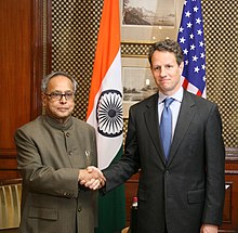 Pranab Mukherjee, then India's finance minister, with Geithner in 2010 Secretary Tim Geithner and Finance Minister Pranab Mukherjee 2010.jpg