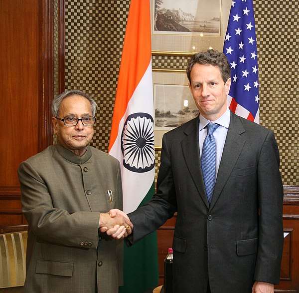 Pranab Mukherjee, then India's finance minister, with Geithner in 2010