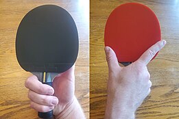 The forehand (black) and back side (red) view of the Seemiller grip. The back side is not used, though sometimes the player will flip the racket to use the other rubber on the forehand. Seemiller fh bh.jpg