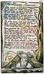 The Human Abstract, a poem in William Blake's collection Songs of Innocence and of Experience, in which he proclaims "Pity would be no more, / If we did not make somebody Poor" (1-2). This version is copy L created in 1795 and currently held by the Yale Center for British Art. Songs of Innocence and of Experience, copy L, 1795 (Yale Center for British Art) The Human Abstract.jpg