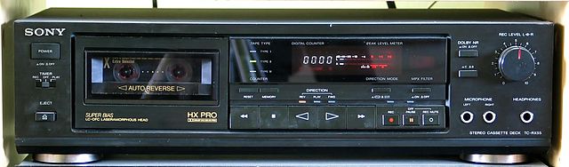 A typical consumer cassette deck from the late 1980s, featuring automatic reverse, electronic transport controls, and Dolby B and C, among other featu