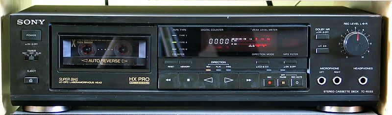 A typical consumer cassette deck from the late 1980s, featuring automatic reverse, electronic transport controls, and Dolby B and C, among other features