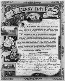 Illustrated address presented to E. Denny Day, Esq., of Avoca at Yeronga, 1913. The address was presented by the residents and property owners of the Yeronga District expressing appreciation for services rendered by E. Denny Day (General Manager of the Royal Bank of Queensland) to the community of Yeronga. The address depicts Mr Day's home, Avoca, which was located a few hundred yards from the Yeronga Railway Station (Description supplied with photograph) StateLibQld 1 109592 Illuminated address presented to E. Denny Day, Esq., of Avoca at Yeronga, 1913.jpg