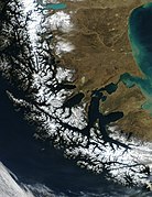 A true-color MODIS satellite image of the strait