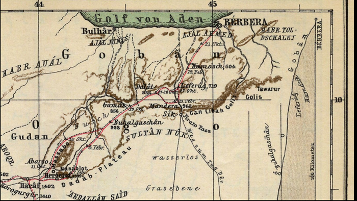 19th century map of central Somaliland showing the territory of Sultan Nur of the Habr Yunis