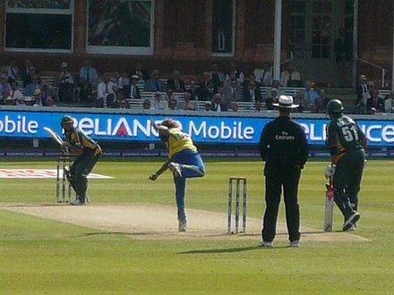 Lasith Malinga bowling to Shahid Afridi in the 2009 T20 World Cup Final at Lord's, London.