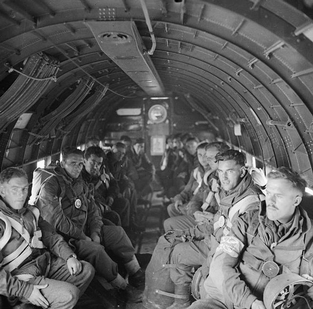 British paratroopers of the 2nd Independent Parachute Brigade in a Dakota on their way to their drop zone at Megara in Greece, 14 October 1944.