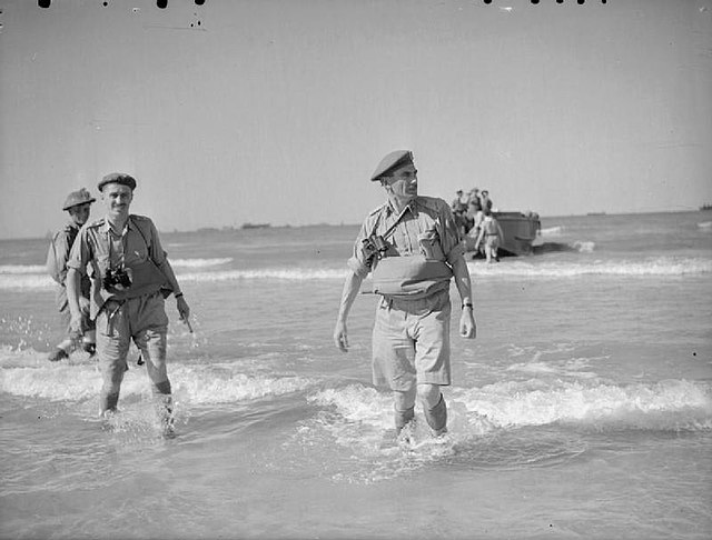 Major-General Guy Simonds, GOC of the 1st Canadian Infantry Division, coming ashore on Sicily, July 1943.
