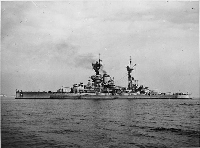 Ramillies at Greenock in 1944. Note the radar jammers installed aft of the mainmast as a countermeasure to German Henschel HS293 radio guided missiles