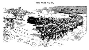 Cartoon titled "The Army Worm" in the US newspaper Chicago Daily News depicting "War Menace" threatening the people of Europe, 1914 The army worm. - Luther D. Bradley.jpg