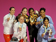 The six medallists in the women's badminton doubles at the 2022 Commonwealth Games in Birmingham. Left to right: Chloe Birch and Lauren Smith (England), Pearly Tan and Thinaah Muralitharan (Malaysia), Treesa Jolly and Gayathri Gopichand (India). The six medallists in the women's doubles.jpg