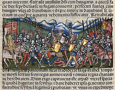 Chronica Hungarorum, Thuróczy chronicle, Hungarian campaign, Seven chieftains of the Hungarians, Grand Prince Árpád, Svatopluk, battle, fight, sword, armor, soldiers, cavalry, Hungarian flag, medieval, Hungarian chronicle, book, illustration, history