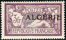 A French Merson type stamp overprinted for use in Algeria, 1924. Timbre Agerie Merson 3f.png