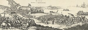 Dutch newsprint illustration showing the raiders raising the Dutch flag over the fort at Sheerness (left) and beyond it the dockyard in flames. Tocht naar Chatham en de verovering van het eiland Sheppey, 1667 (crop).jpg