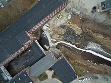 The 2019 removal of the Upper Sawyer Mill Dam from the Bellamy River at Sawyer Woolen Mills in Dover. Upper Sawyer Mill Dam removal aerial 2, 2019-11-17.jpg