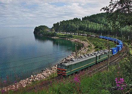 The Trans-Siberian Railway, the longest railway-line in the world, as seen across the coast of Lake Baikal.