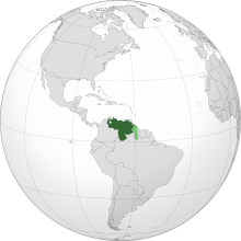 The location of Venezuela in South America. (Land controlled by Venezuela shown in dark green; claimed but uncontrolled land shown in light green.) Venezuela Orthographic Map.svg