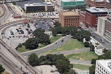 A view of Dealey Plaza from the GeO-Deck of Reunion Tower in Dallas, Texas