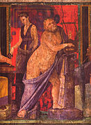 Detail fresky z vily mystérií v Pompejích, zobrazující Silena držícího lyru, ca.  50 a.  C.
