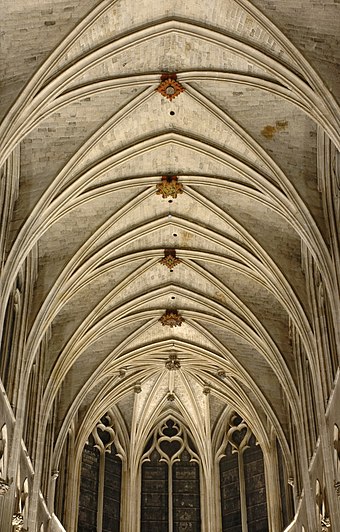 Gothic quadripartite cross-ribbed vaults of the Saint-Séverin church in Paris