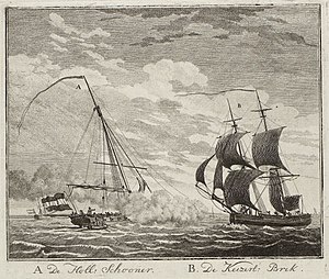 Voorval met de keizerlijke brik op de Schelde, 1784 Afbeelding van het beruchte voorval met 's lands schooner de Dolphyn, en de keizerlyke brik de Louis, in het gezicht van Lillo. Op den VIII October, RP-P-OB-85.344 (cropped).jpg