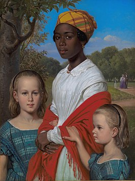 Portret van de twee dochters van Otto Marstrand en hun West-Indische kindermeisje, Justina, in de tuinen van Frederiksberg