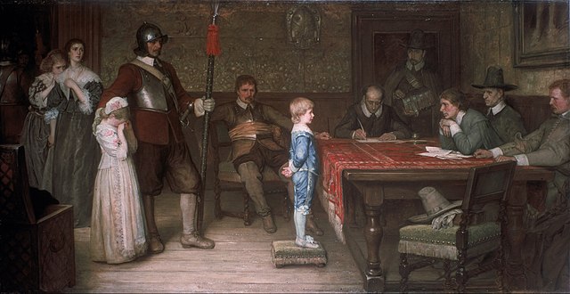 A Roundhead inquisitor asks a son of a Cavalier, "And when did you last see your father?"—William Frederick Yeames (1878).