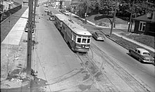 Temporary streetcar/subway interchange to Davisville Yard (left) at Belt Line bridge