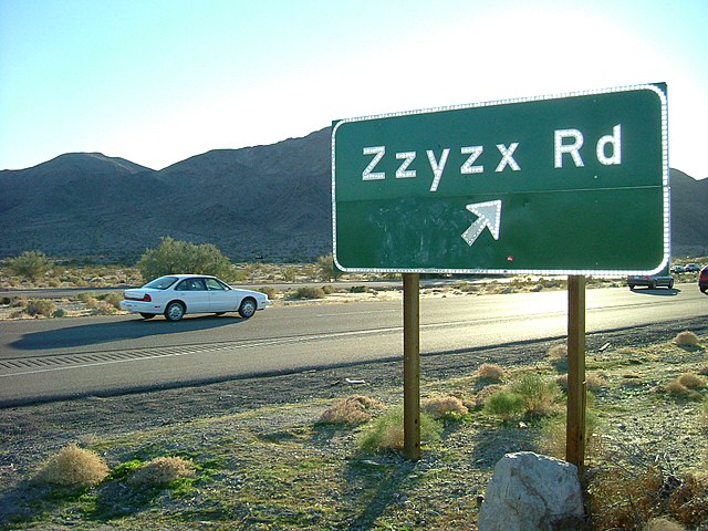 Road sign for Zzyzx Road in California