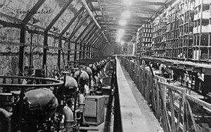 (V-2) rocket engines in an assembly workshop at the Mittelwerke underground secret factory in a mountain range near Nordhause 1944. (48479649481).jpg