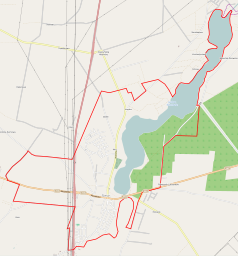 Mapa konturowa Ślesina, na dole znajduje się punkt z opisem „Parafia Świętego Mikołaja Biskupa i Dobrego Pasterza”